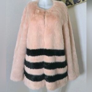 Tart Collections Eco-Fur Coat Pink Blush Black Stripes Plush Cozy Chic Vegan L